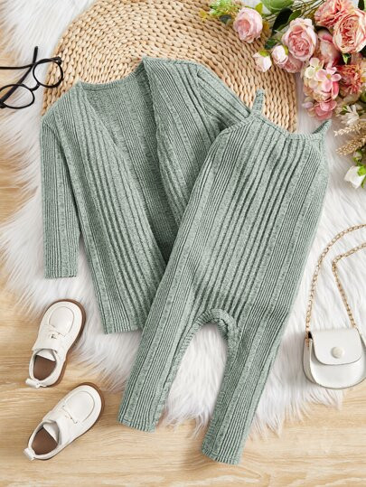 SHEIN Baby Open Front Coat & Ribbed Knit Jumpsuit | SHEIN
