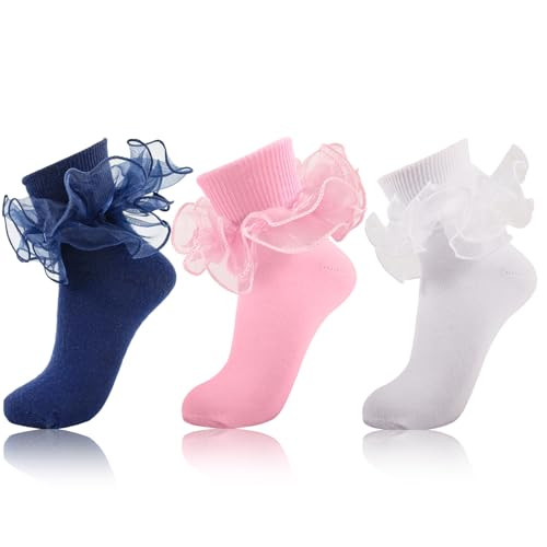 MKYSZLT Pink Ruffle Socks for Women Double Lace Turn Cuff Ankle High,Cute Adult Cotton Big Ruffled Frilly Dress Bobby Sock Woman, Women Size 9-11 | Amazon (US)