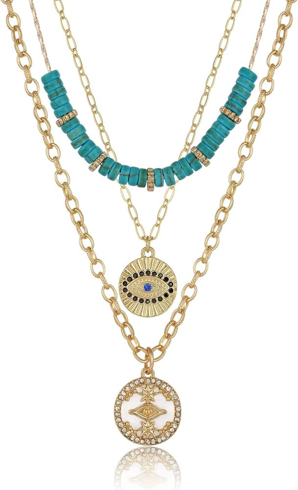 3PCS Evil Eye Gold Necklace set for Women,Necklace Turquoise Charm Shell Pendant Multi Layered Al... | Amazon (US)