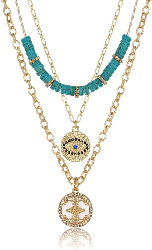 3PCS Evil Eye Gold Necklace set for Women,Necklace Turquoise Charm Shell Pendant Multi Layered Al... | Amazon (US)