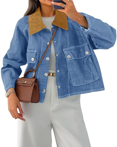 Cicy Bell Womens Cropped Denim Jackets Patchwork Corduroy Collar Barn Jean Jackets Snap Button Co... | Amazon (US)