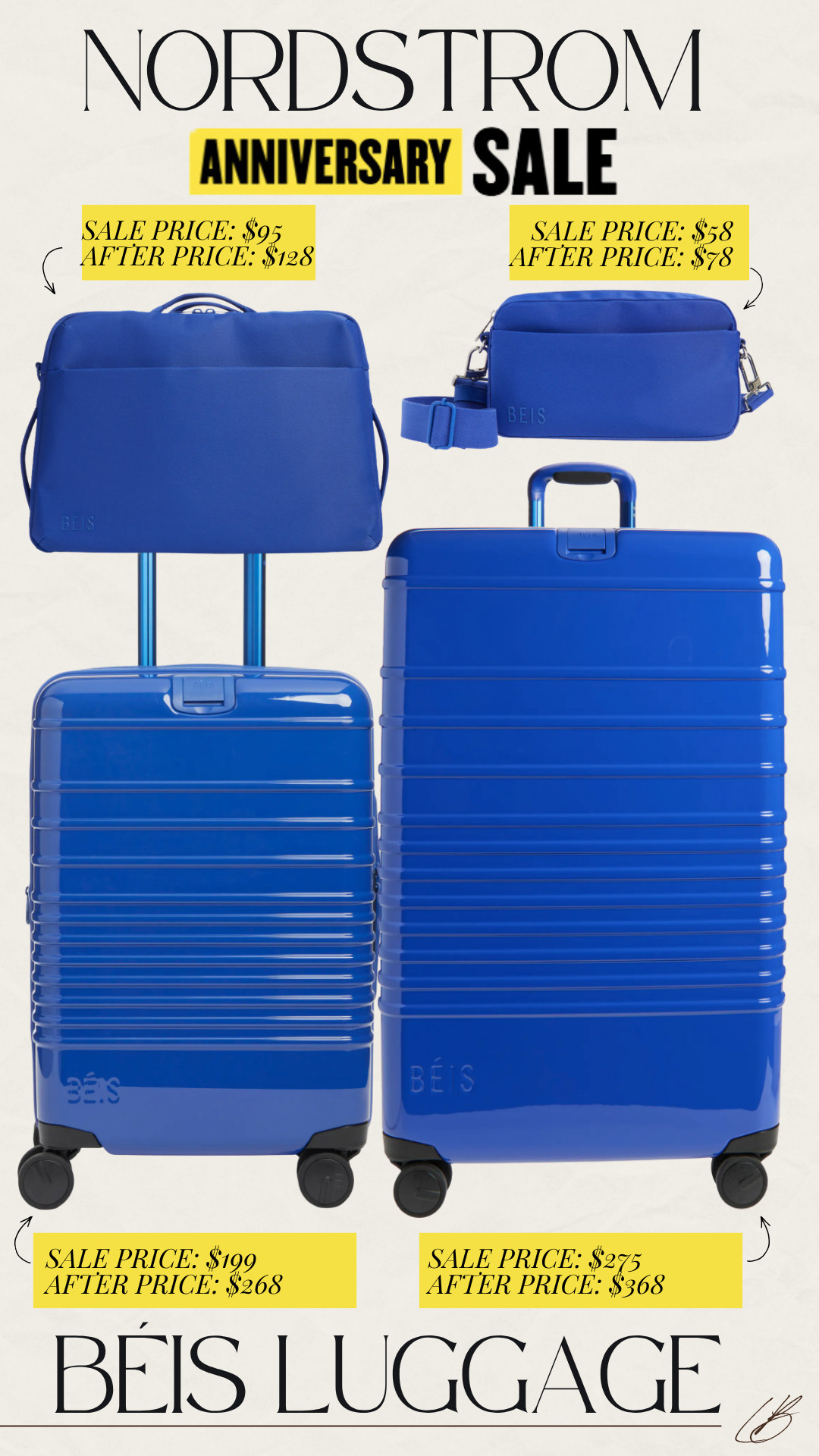 Beis luggage on major sale during Nordstrom's Anniversary Sale! 

Tier access: 
Cardmember Early Access: Icons July 14–17 
Ambassadors July 15–17 
Influencers July 16–17 
Everyone! July 18–August 9 

 #LTKOver40 #LTKSaleAlert #LTKTravel