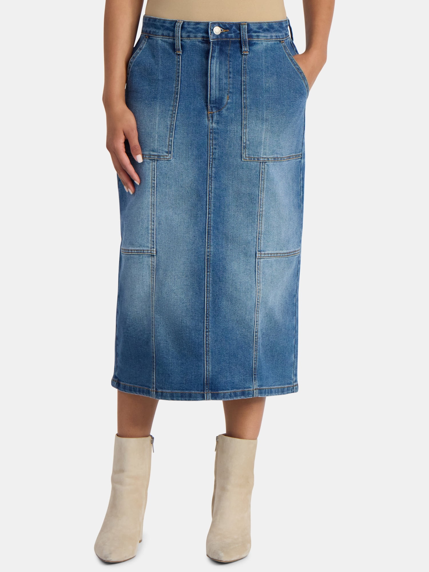 Time and Tru Women's Denim Midi Utility Skirt, Sizes 0-20 | Walmart (US)