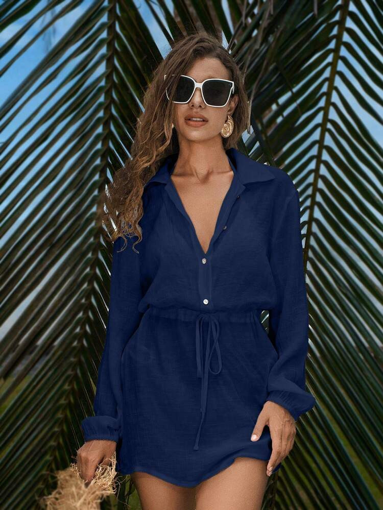Swim Vcay Summer Outfits For Women Women Elegant Casual Pullover Shirt With Button Tie Lantern Sleeve Cover, Minimalist Lightweight Short Beach Dress, Versatile | SHEIN