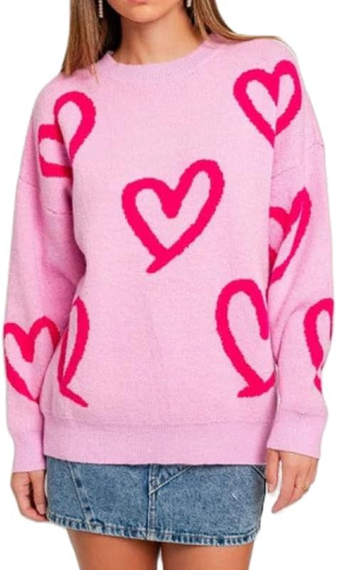 Women Heart Print Knit Pullover Sweater Long Sleeve Round Neck Love Pattern Sweaters Trendy Valen... | Amazon (US)