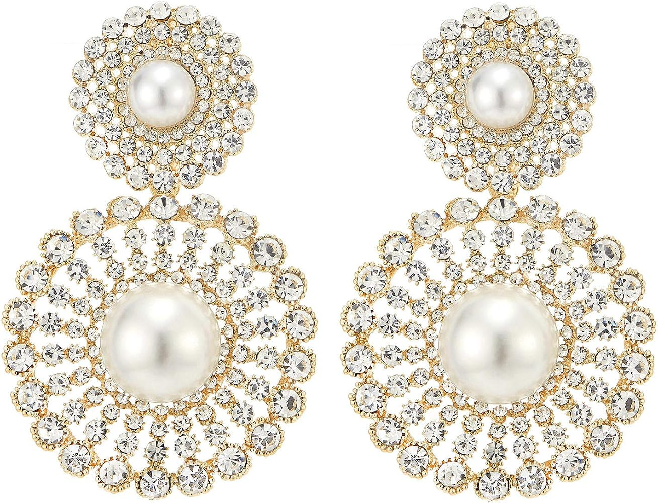Wedding Rhinestone Synthetic Pearl Cluster Large Circle Flowers Long Drop Statement Earrings Eleg... | Amazon (US)