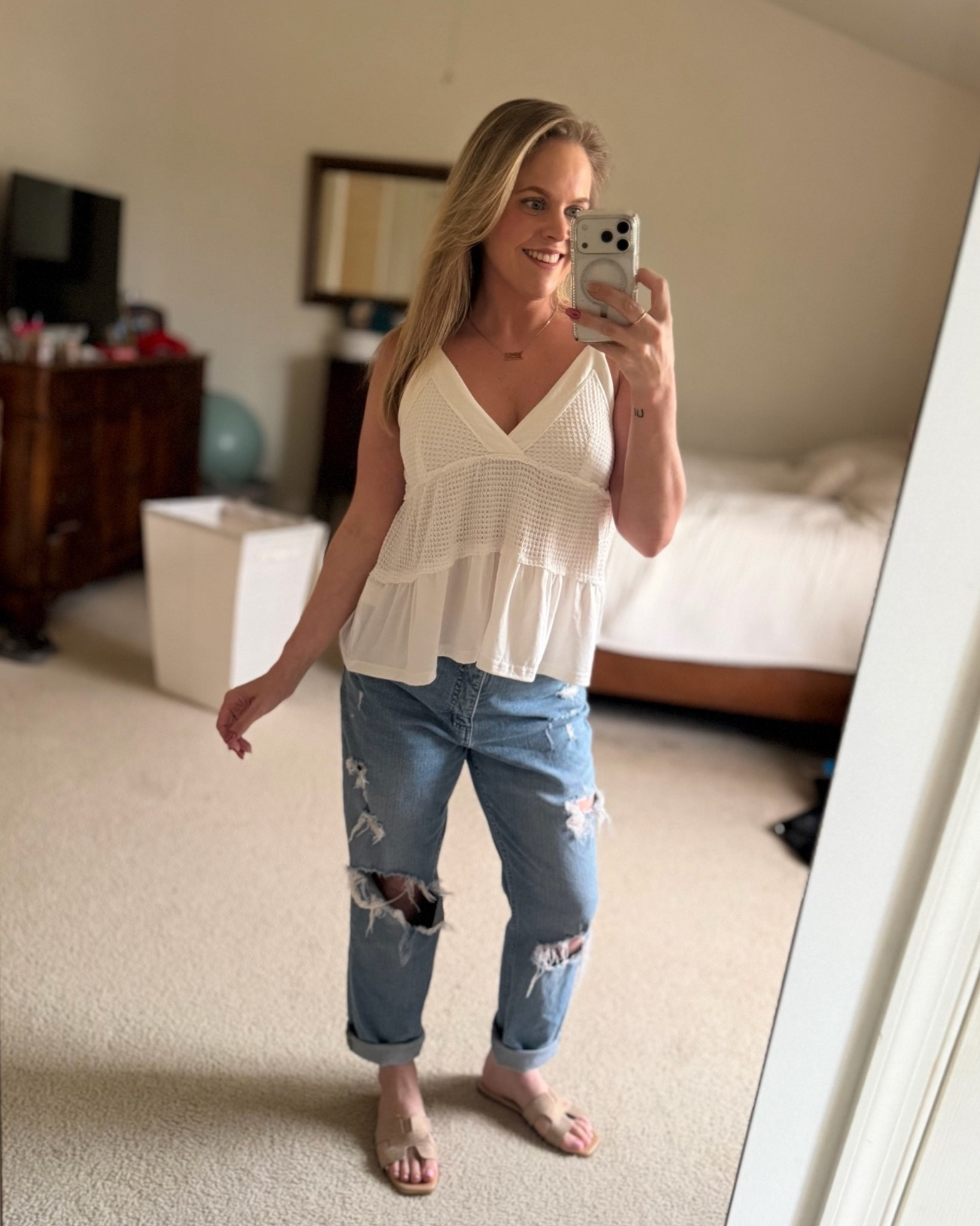 Casual date night look 🥰
Under $20 sale on this cute trendy top for summer !? 
I bought 3 colors 🤭
& these Steve Madden sandals have a price drop on Amazon currently 🫶🏼

This peplum babydoll V neck waffle knit Boho tank top is hands down my new favorite top from Amazon
Perfect for graduation parties, date night outfits, or vacation fits 🤍 

Also linking my gold birth year necklace because it’s 40% off on Etsy today!  -makes for a great affordable birthday gift for her

#LTKWomens #LTKfinds #LTKSummer #weekendoutfit #under20 #under50 #amazonfashion #pricedrop #springoutfits #amazonfinds #whiteoutfit #vacationoutfit #dailyoutfits #summeroutfits #stevemadden #sandals #datenightoutfit

#LTKootd #LTKMidsize #LTKSaleAlert