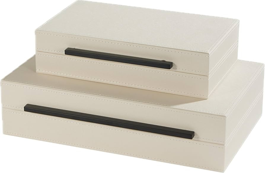 Set of 2 Pearlized Leather Decorative Boxes With Black Metal Handles，Faux Leather Jewelry Boxes... | Amazon (US)
