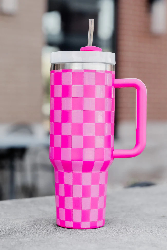 Sippin' Pretty Pink Tonal Checkered 40 oz Drink Tumbler With Lid And Straw DOORBUSTER | Pink Lily