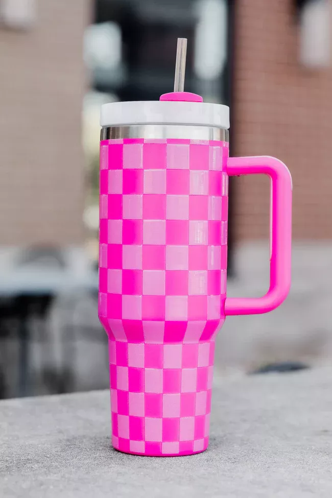 Sippin' Pretty Pink and Orange Checkered 40 oz Drink Tumbler With