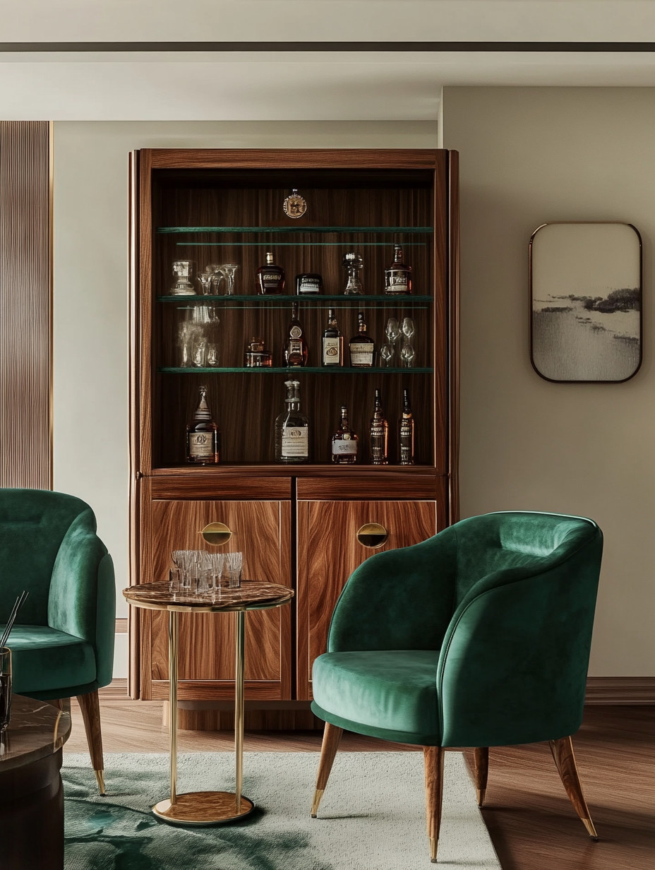 This glamorous home bar setup is a perfect blend of modern mid-century style and timeless heritage, creating an elevated old-money home aesthetic that feels both luxurious and inviting. A beautiful wooden full bar cabinet instantly becomes the focal point of the room, showcasing rich wood grain, glass shelving, and classic craftsmanship that nods to heritage interiors. A statement bar cabinet like this adds depth, warmth, and character, making it ideal for a living room bar, dining room bar, or dedicated home lounge.

Paired with the bar, emerald green velvet accent chairs bring richness and comfort to the space. Velvet chairs add softness and glamour, while the deep emerald tone enhances the classic, refined feel often associated with heritage and old-money interiors. These chairs are perfect for creating a cozy seating area where guests can relax, sip cocktails, or enjoy quiet evenings at home. Velvet seating works beautifully in modern mid-century decor, vintage-inspired spaces, and elegant home bars.

Completing the look is a marble and gold accent table, adding contrast and sophistication. Marble surfaces introduce a sense of luxury and permanence, while gold details elevate the entire setup with a subtle glow. Accent tables like this are ideal for holding glassware, cocktails, or decorative objects, tying together the wood, velvet, and metal elements effortlessly.

This home bar design proves that you don’t need a large space to create a high-end, glamorous bar experience. With a wooden bar fixture, emerald velvet chairs, and a marble-and-gold accent table, you can recreate a refined modern mid-century bar with a heritage, old-money vibe. It’s perfect for entertaining, unwinding, and adding a statement-worthy design moment to your home.

#homebar
#midcenturymodern
#oldmoneyaesthetic 

 #LTKHome