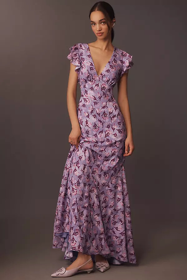 Eva Flutter-Sleeve Plunge V-Neck Maxi Dress | Anthropologie (US)