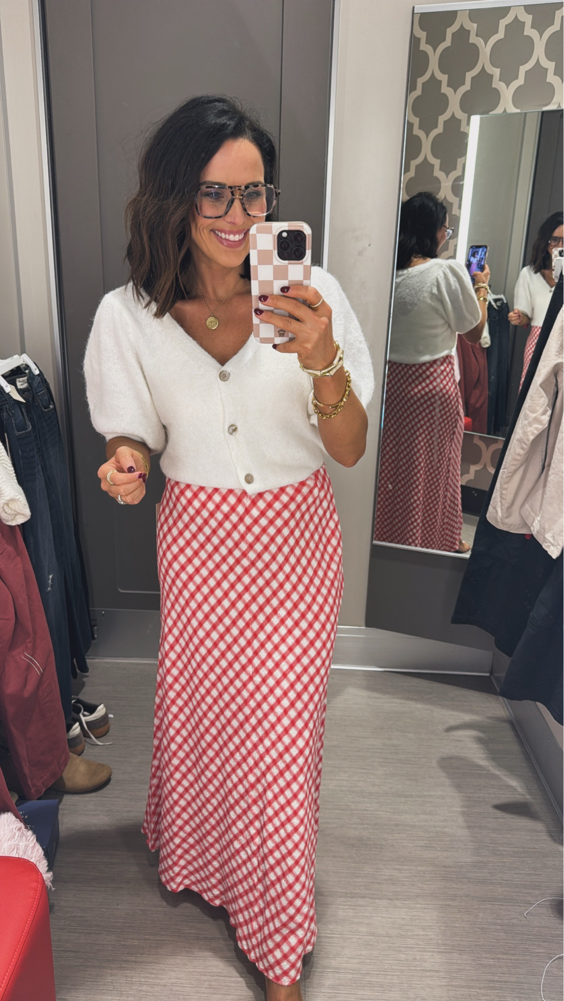 Yall! This silk skirt is perfect for Valentine's Day, date night, or work! I love the red plaid with the white blouse! Target must haves! Red silk skirt white blouse work date night girls nights elevated outfits target must haves VintagePickin 

#LTKdayinmylife #LTKootd #LTKPetite