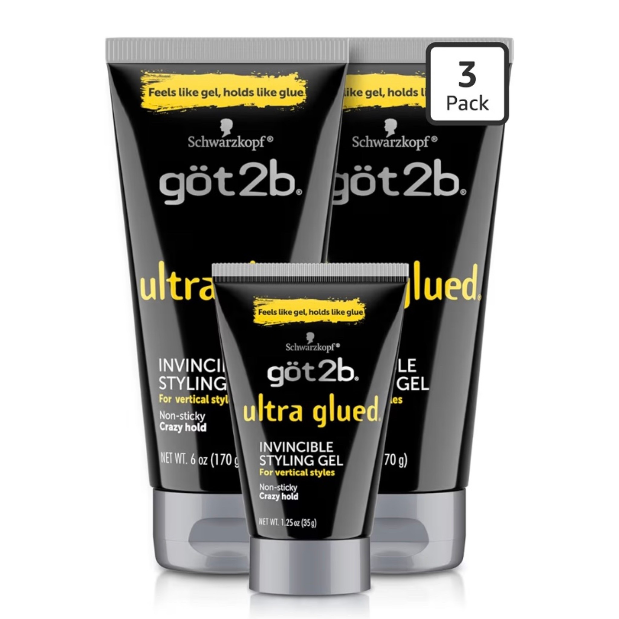 got2b Ultra Glued Invincible Styling Gel Set, 6 FI Oz (2-Tube) + 1.25 Fl Oz Travel Size, Hair Gel for Men and Women with Extra Strong Hold, Non-Sticky, No-Flake Formula for Vertical Styles

#LTKSaleAlert #LTKselfcare #LTKgrwm