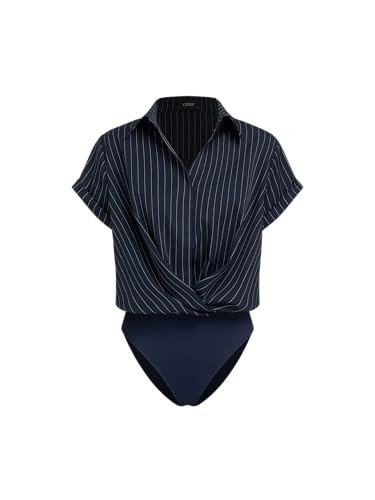 CIDER Womens Shirts Dressy Collar Twist Oversized Shirt Button Down Short Sleeve Blouse Business Casual Tops Navy Blue | Amazon (US)