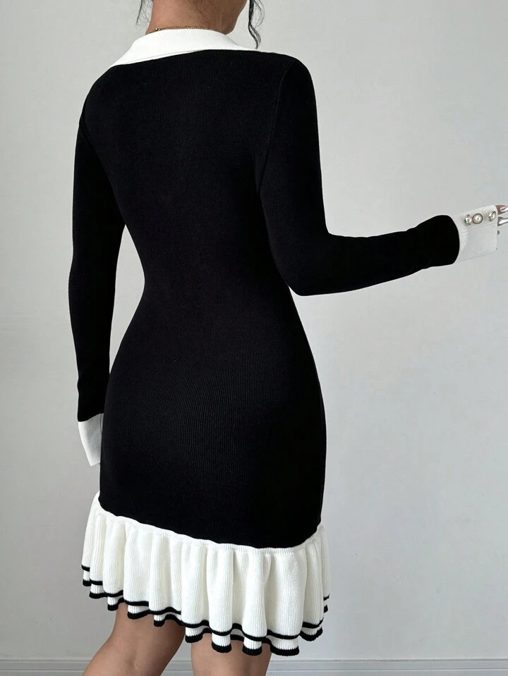 SHEIN Raffinéa Women Round Neck Long Sleeve Contrast Button Fitted Elegant Knitted Dress | SHEIN