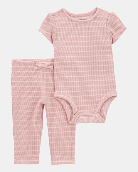Baby Girl 2-Piece Striped Short-Sleeve Waffle Knit Bodysuit Pant Set - Pink | Carter's Inc