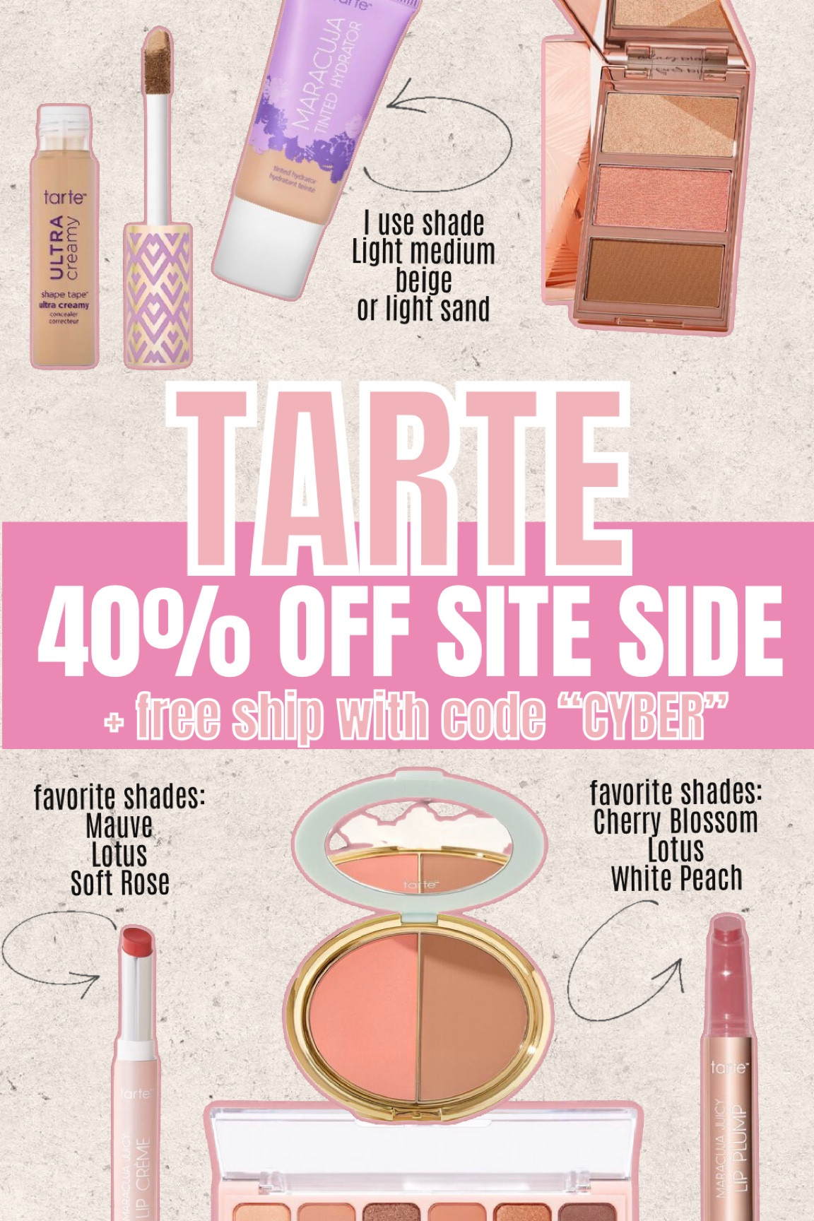Sign into your account & use code “CYBER” to get 40% off the Tarte site + free shipping!