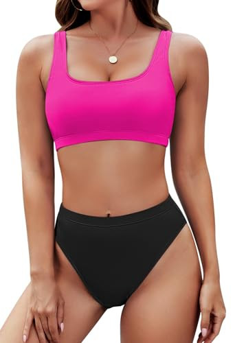 Pink Queen High Waisted Bikini Sets for Women Beach Resort Wear Sexy Cheeky High Cut Bathing Suit Two Piece Swimsuits Pink Black S | Amazon (US)