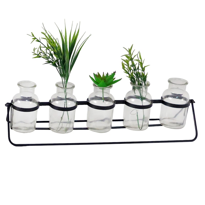 Floating Set of 5 Clear Glass Bud Vases with Black Stand, 20" | At Home