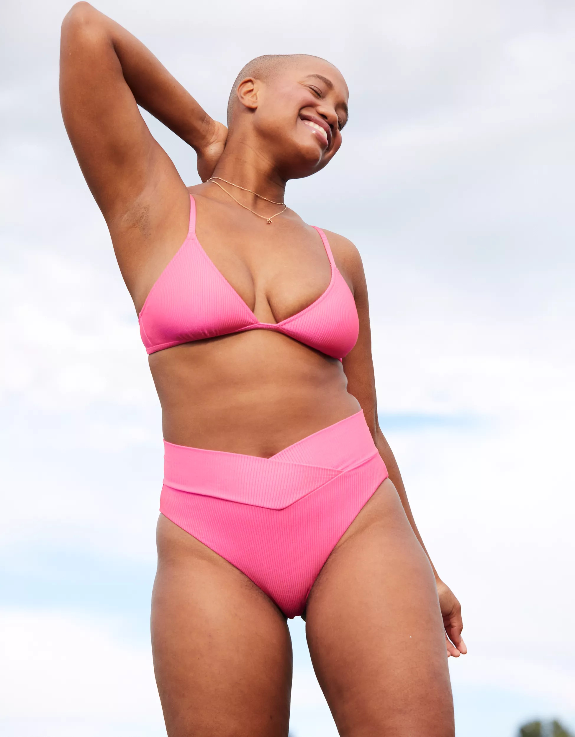 Aerie Ribbed Shine Crossover High Cut Cheeky Bikini Bottom | American Eagle Outfitters (US & CA)