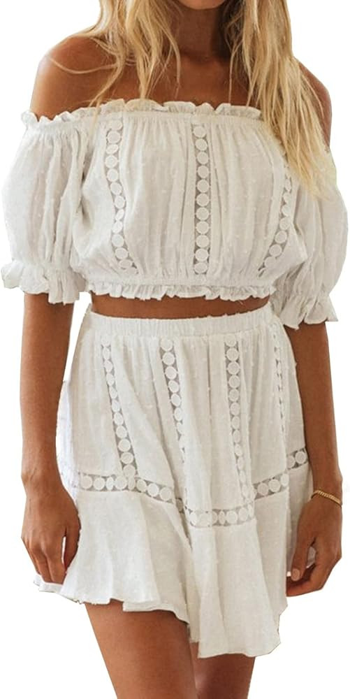 RIXDAS Women's Summer Two Piece Ruffle Trim Cami Hollow Out Crop Top and Wrap Skirt Set | Amazon (US)