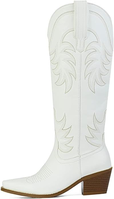 Erocalli White Cowgirl Boot Western Cowboy Mid Calf Boots for Women Embroidered Pull-on Chunky St... | Amazon (US)