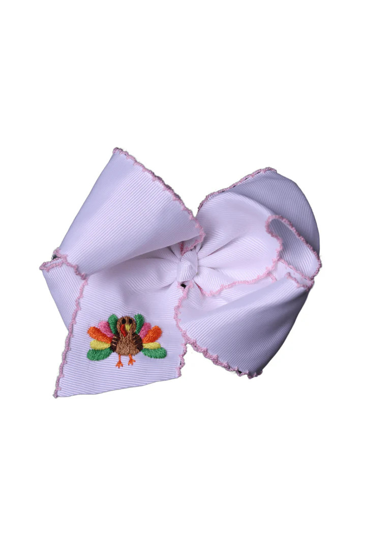 Embroidered Colorful Turkey Scalloped Edge Grosgrain Bow | The Smocked Flamingo