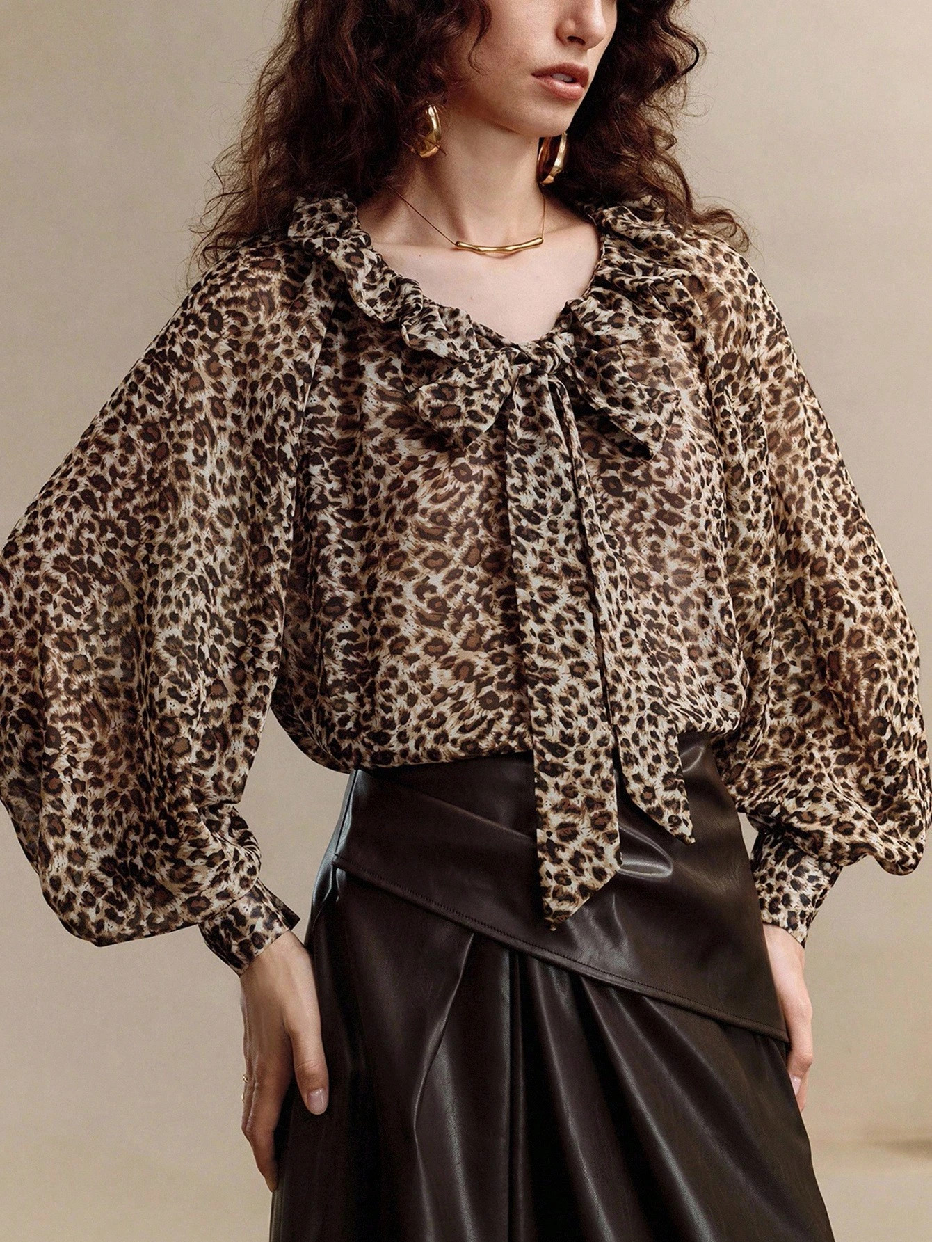 Arave Women's Leopard Print Ruffle Trim Long Sleeve Tie Neck Blouse Fall Cloth For Women | SHEIN