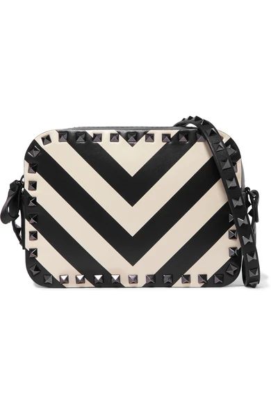 Valentino - Valentino Garavani The Rockstud Striped Leather Shoulder Bag - Black | NET-A-PORTER (US)