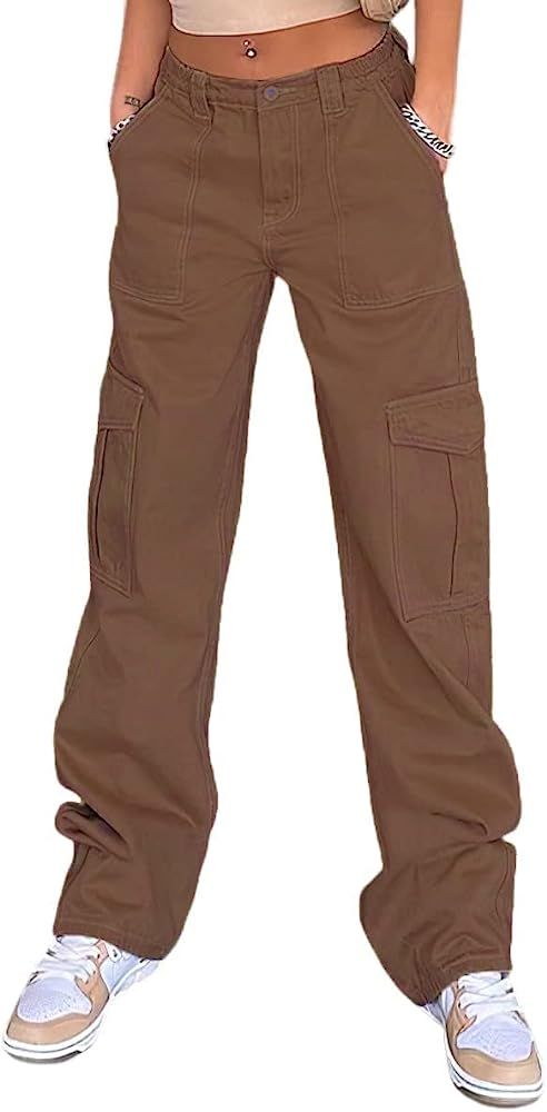 QYANGG High Waist Stretch Cargo Pants Women Baggy Multiple Pockets Relaxed Fit Straight Wide Leg ... | Amazon (US)