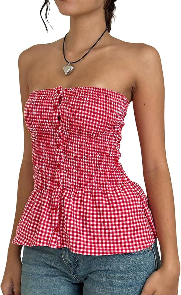 Women Y2k Gingham Tube Top Strapless Backless Plaid Peplum Vest Coquette Bandeau Crop Tank Top Su... | Amazon (US)