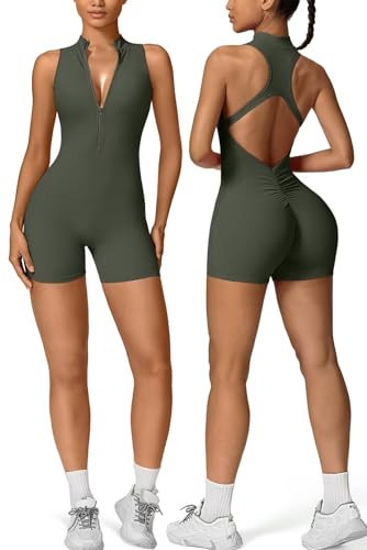 Vertvie Workout Jumpsuits for Women Zip Up Tummy Control Sleeveless One Piece Rompers Shorts V Back Scrunch Yoga Bodysuit(Olive Green,X-Large) | Amazon (US)