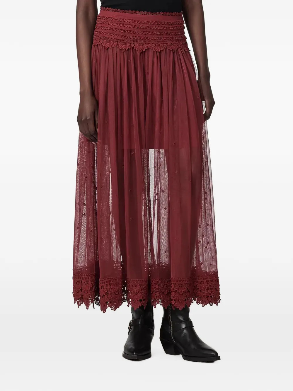 AllSaints lace-trim mesh midi skirt - Red | Farfetch Global