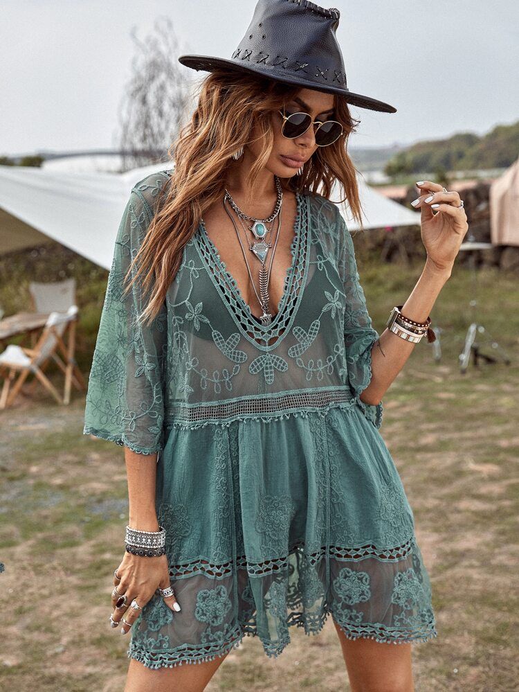 Contrast Lace Plunging Cover Up | SHEIN