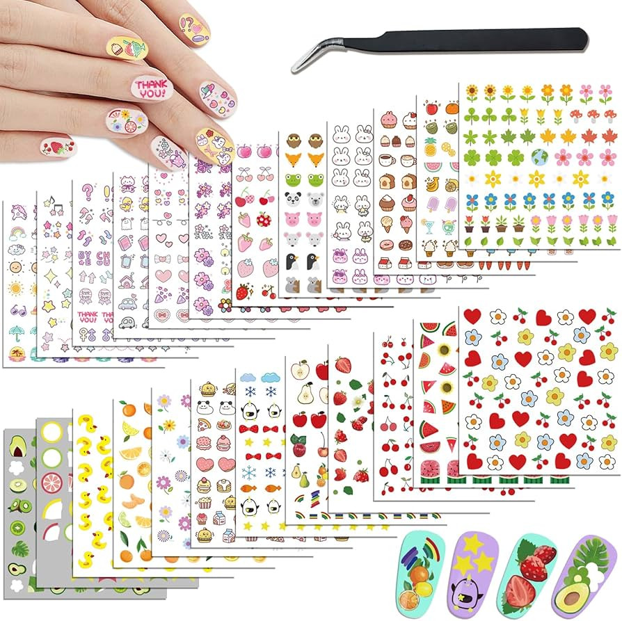 24 Sheets Cute Nail Stickers for Girls and Women Nail Art, Nail Art Stickers Bunny Duck Bow Cake ... | Amazon (US)