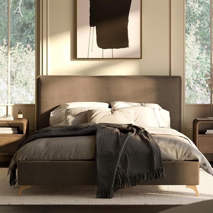 DG Casa Lottie Brown Flange Edge Bed Frame with Headboard – Queen Size Bed Upholstered Mocha Fa... | Amazon (US)