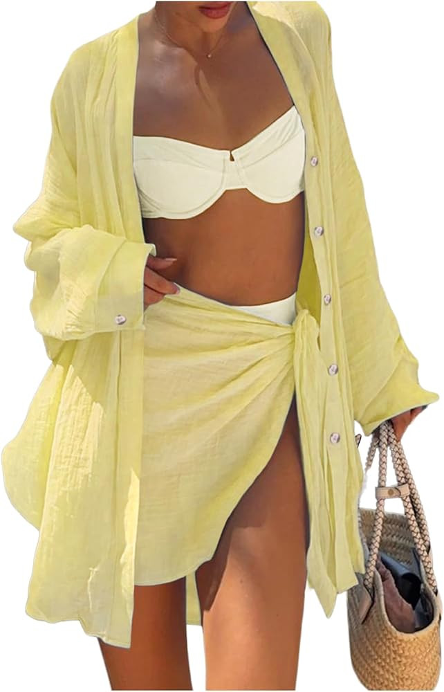 Milumia 2 Piece Beach Cover Up Swimsuit Coverups Button Blouse and Tie Knot Skirt | Amazon (US)