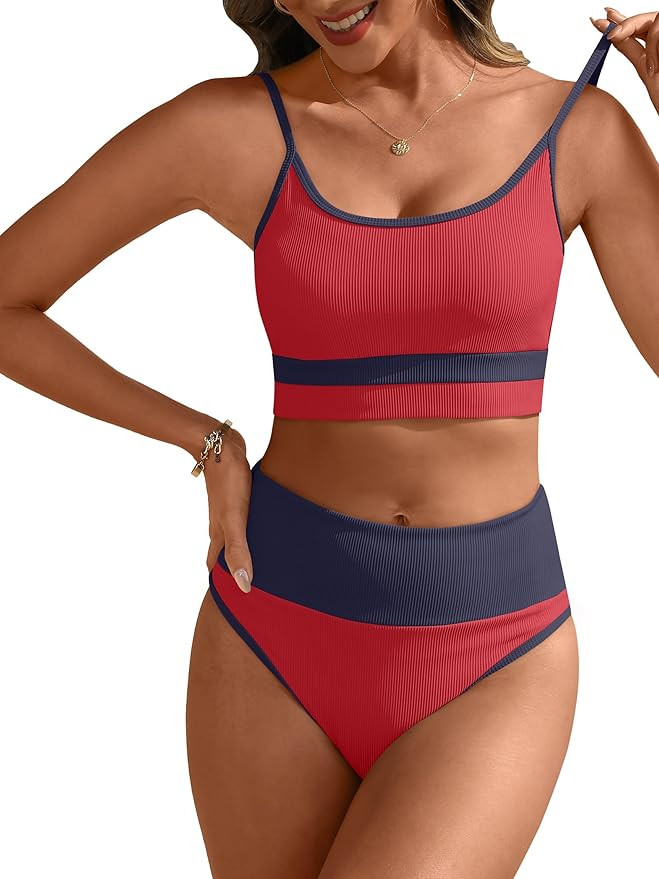 ANRABESS Women High Waisted Bikini Sets Color Block Summer Beach Vacation 2 Piece Bathing Suit Tu... | Amazon (US)