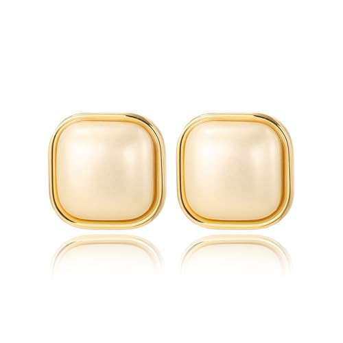 GZJOGO 14K Gold Plated Cream Big Pearl Stud Earrings for Women Trendy, Geometric Hypoallergenic Statement Earrings Chunky Square Pearl Vintage Jewelry Gift for Women | Amazon (US)