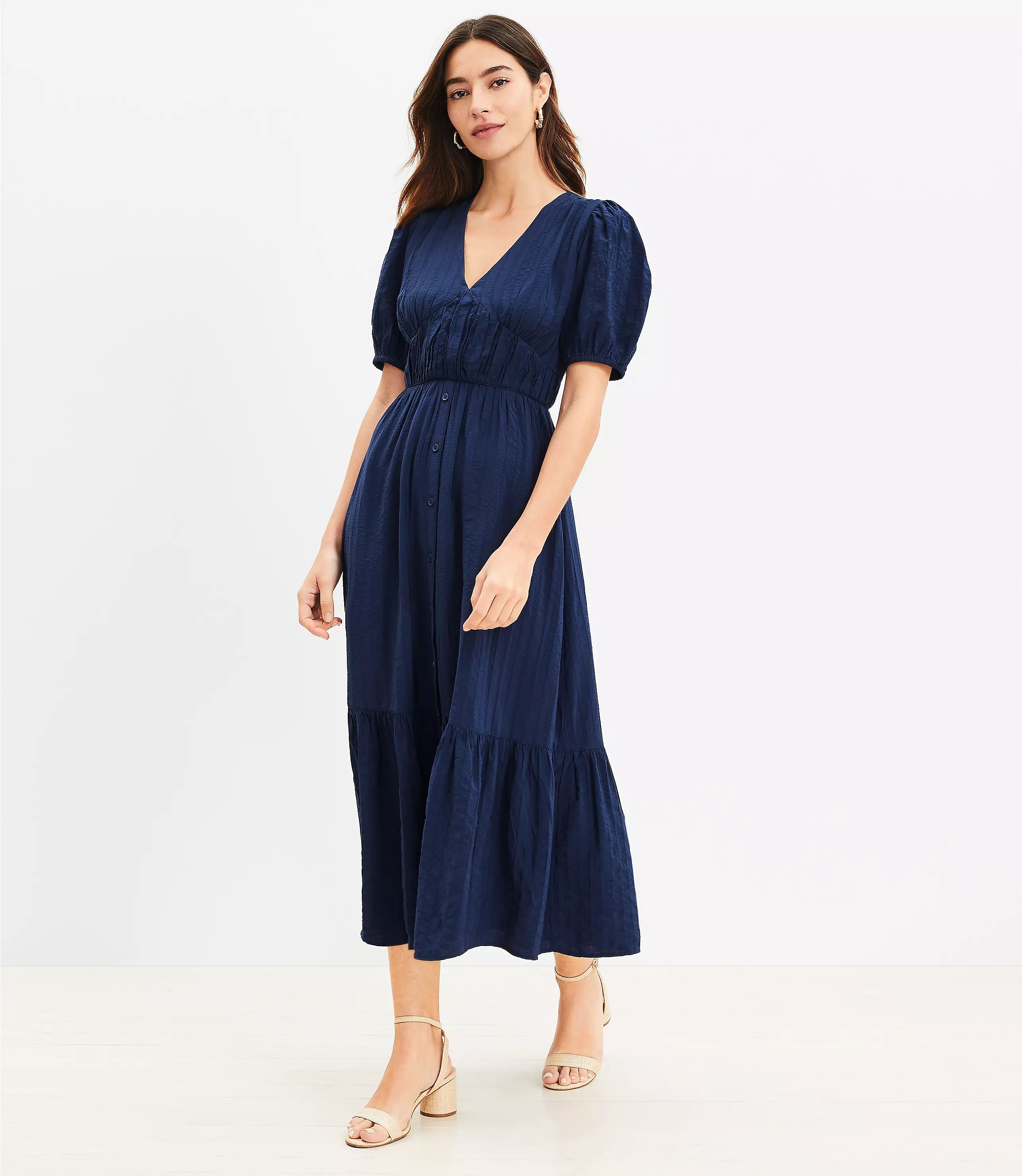 Textured Balloon Sleeve Flounce Midi Dress | LOFT