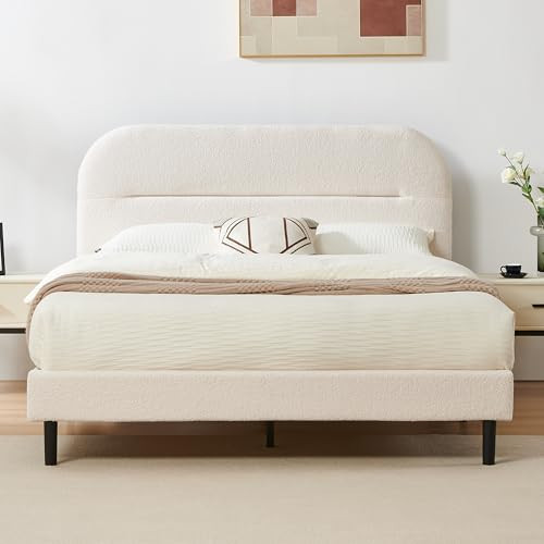 Furnify Queen Size Bed Frame, Teddy Soft Boucle Fabric Upholstered Bedframe with Adjustable Headboard, Platform Bed Frame with Rounded Corner, Wooden Slat, No Box Spring Required, Easy Assembly, Beige | Amazon (US)