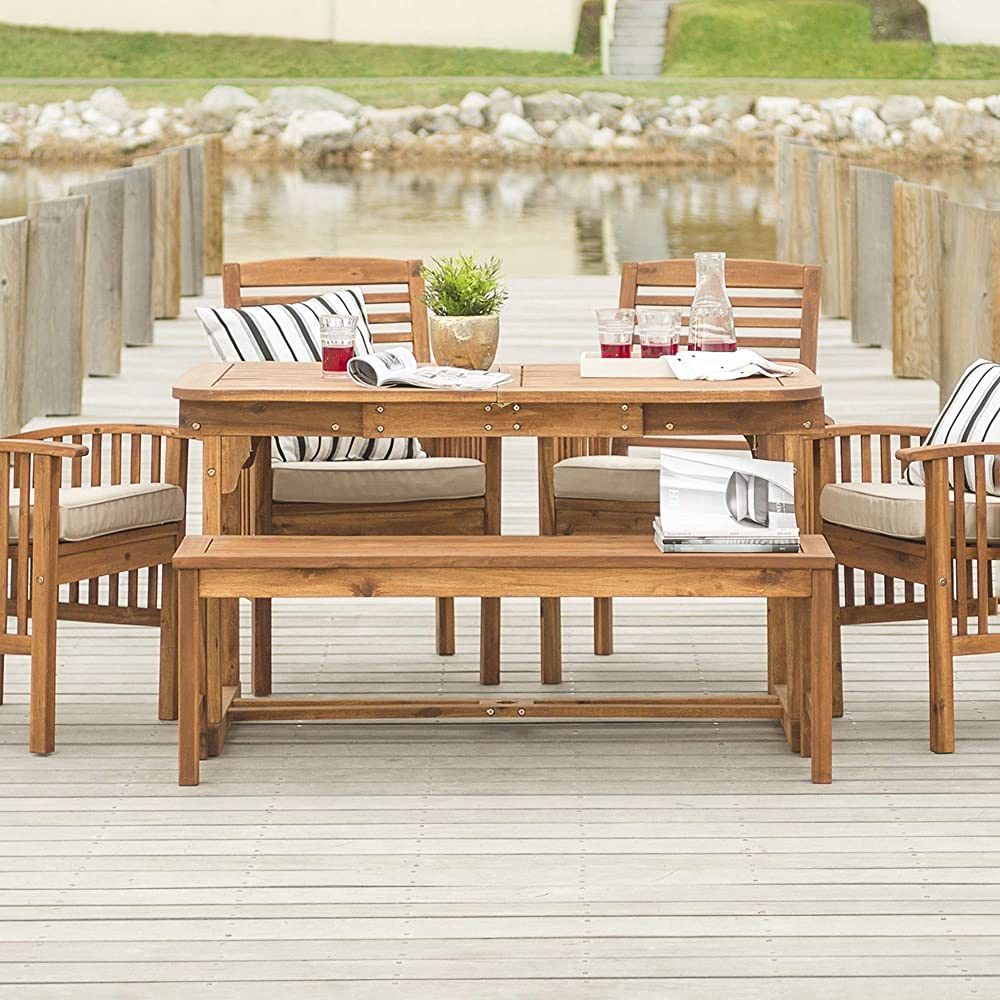 Walker Edison Maui Modern 6 Piece Solid Acacia Wood Slatted Outdoor Dining Set, Set of 6, Brown | Amazon (US)