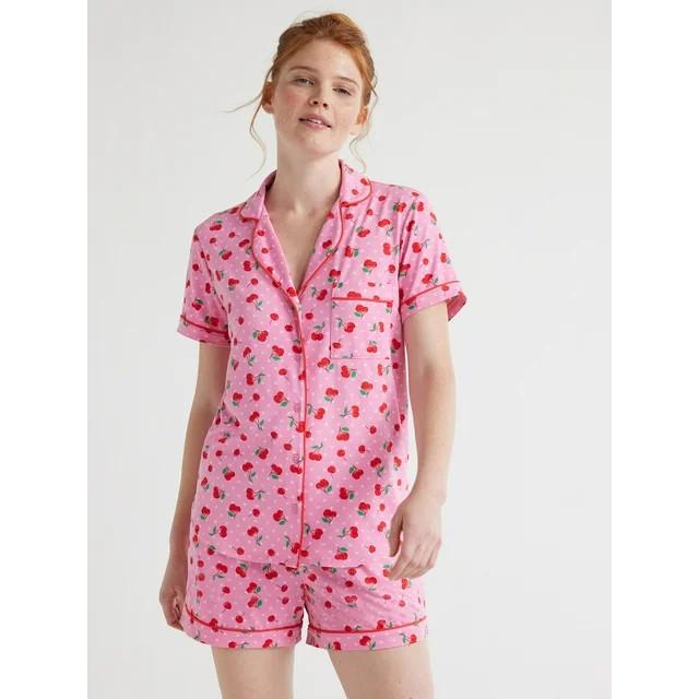 Joyspun Women’s Short Sleeve Notch Collar Top and Shorts Knit Pajama Set, 2-Piece, Sizes S to 3... | Walmart (US)
