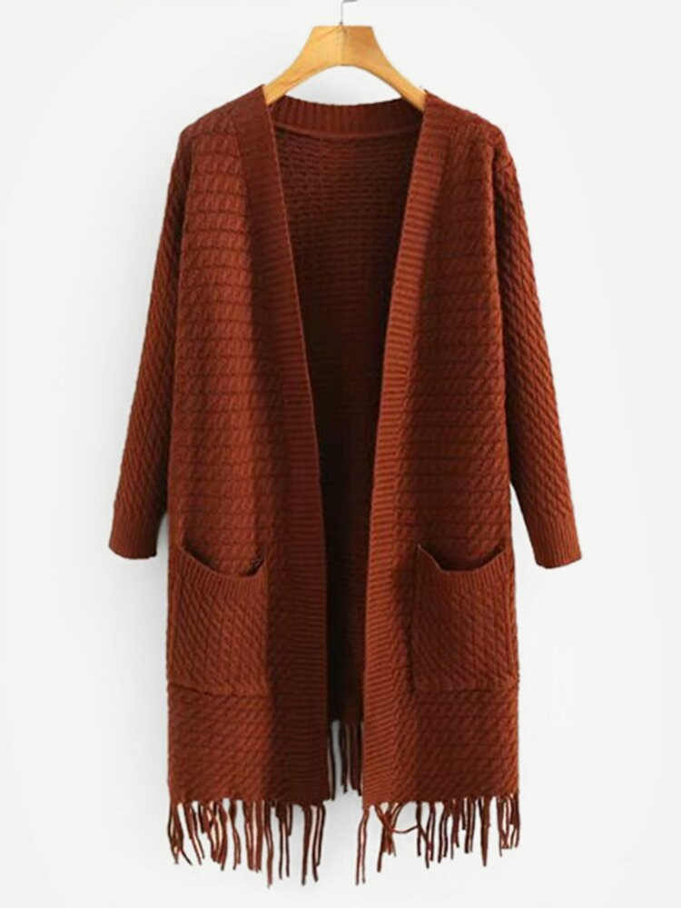 Pocket Front Fringe Hem Cardigan | SHEIN
