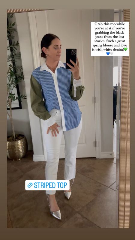 Striped colorblock button-down blouse, wearing size small // j crew look for less 

Spring outfit, white jeans outfit 

#LTKfindsunder50 #LTKstyletip #LTKsalealert