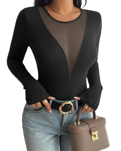Black Long Sleeve Shirt for Woman Sex Deep V Neck Top for Women 2024 Fashion Y2K Going Out Tops Black L | Amazon (US)