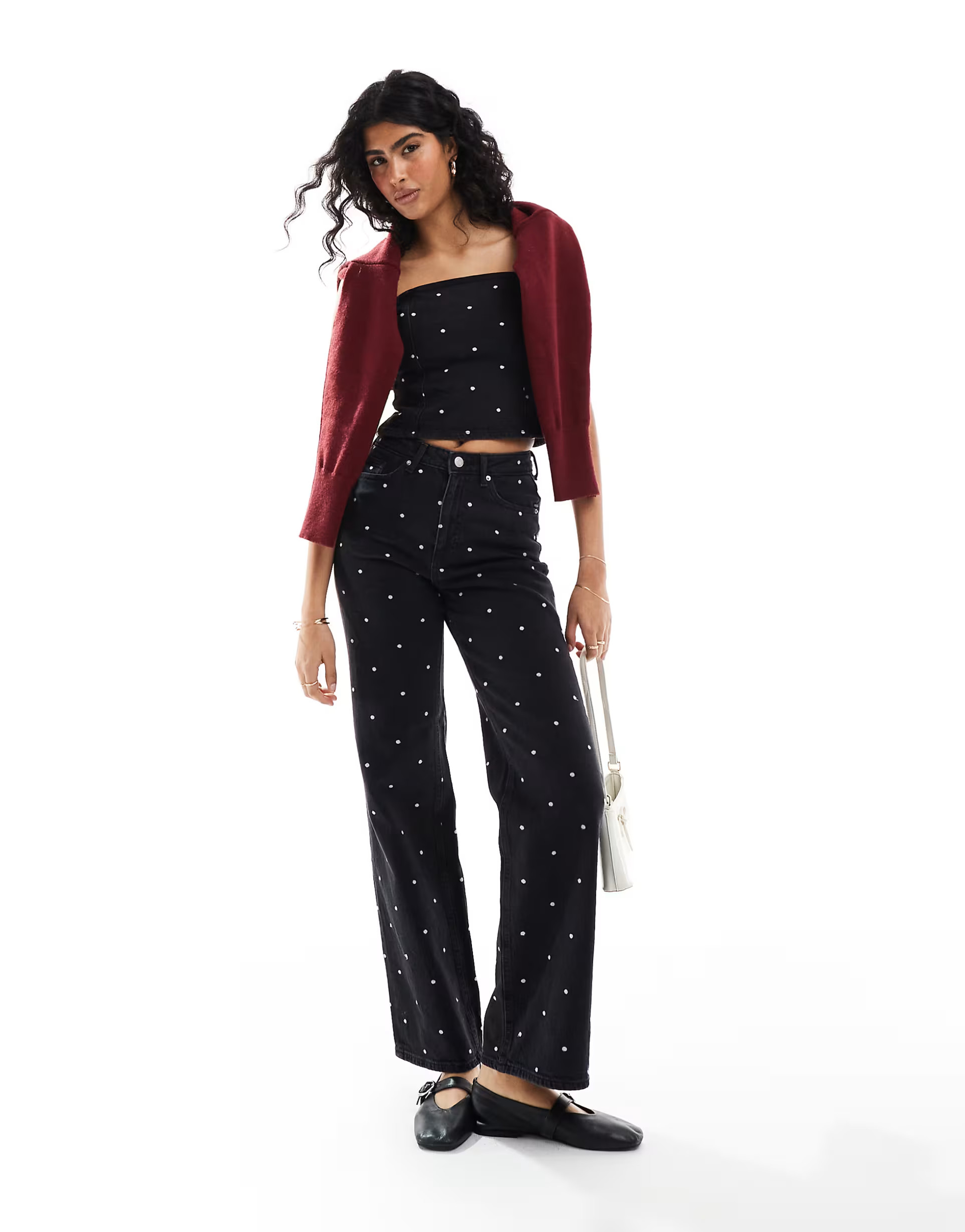 Vero Moda denim bandeau crop top and wide leg jeans set with embroidered spot detail in black | ASOS (Global)
