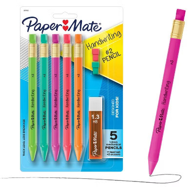 Paper Mate Handwriting 5pk #2 Mechanical Pencils with Eraser and Refill 1.3mm Assorted Colors: School Supplies for Kids | Target