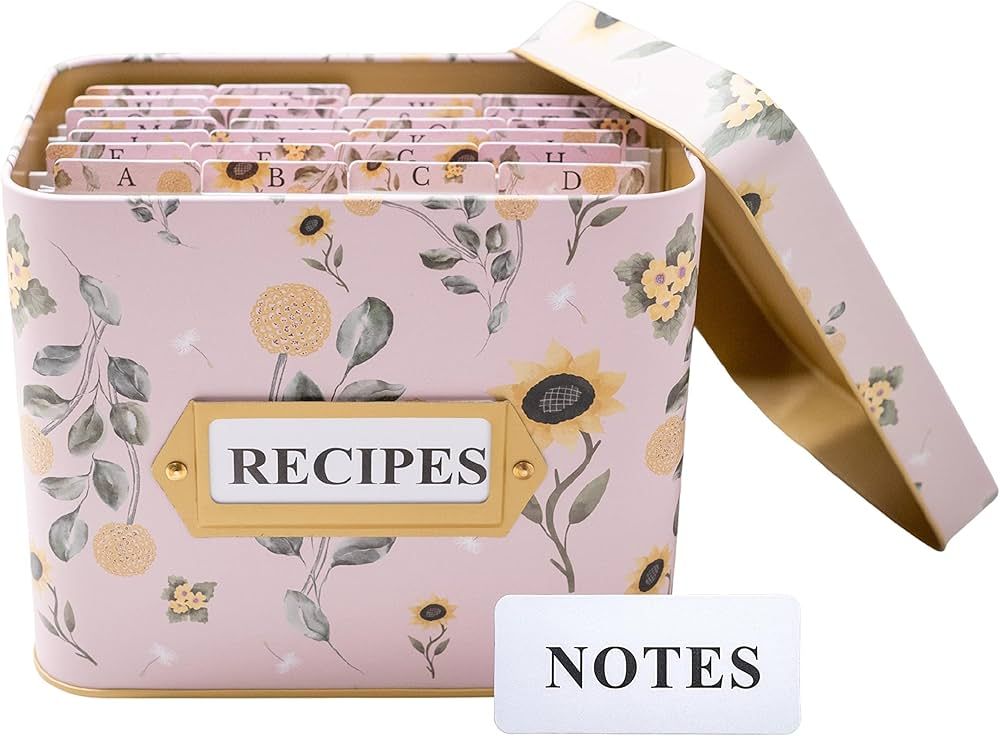 Recipe Box w/ 26 A-Z Dividers - Note Card Holder - Beautiful 4x6 Recipe Card Box - Tin Recipe Org... | Amazon (US)